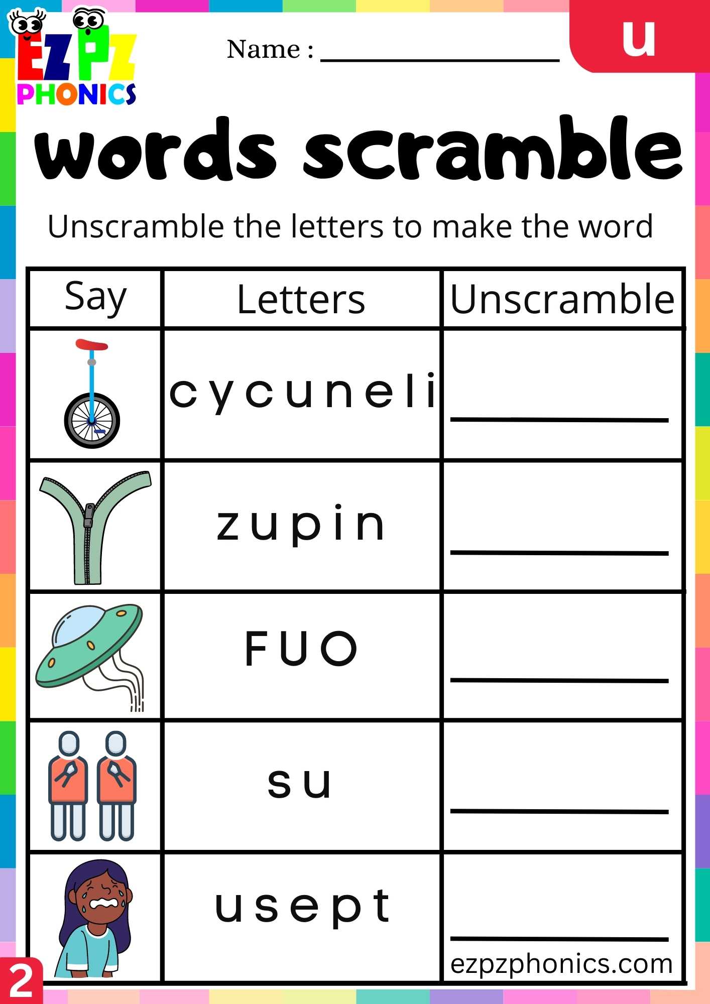 Group2 Letter U Words Scramble Beginning Sounds Worksheet